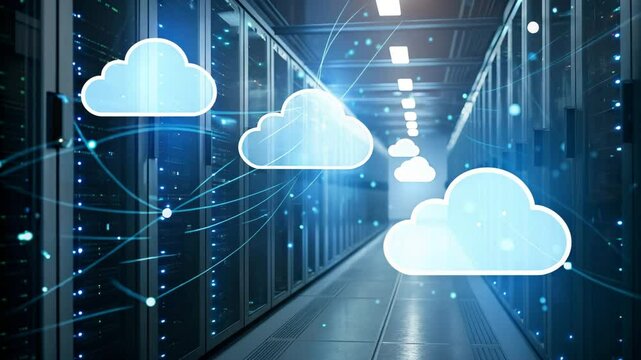 Cloud computing concept. A futuristic data center corridor with stacked servers, illuminated by blue lights and cloud icons symbolizing cloud computing connectivity.