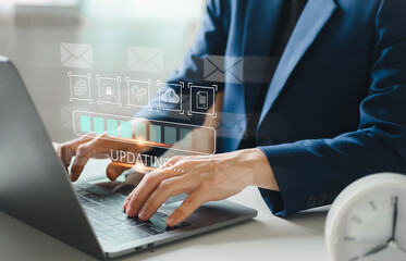 Operating system upgrade concept, installation app and software update process, modernize user equipment, update modern functions, developer released new version Improved security. User is downloading
