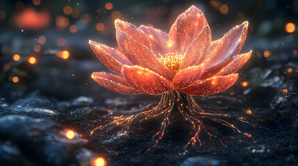 A glowing flower with detailed petals and rootlike tendrils is shown