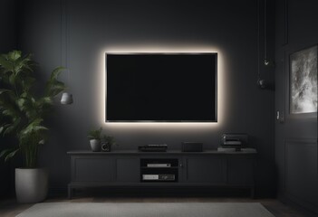 dark tv wall mounted room black mockup lamp area lounge decor design living indoor television concept architecture empty cabinet shelf apartment blank interior background decoration home comfort