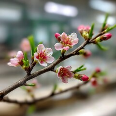 Obraz premium Delicate Pink Blossoms on a Branch: A Close-up of Spring Flowers Bursting into Bloom with Buds and Green Leaves