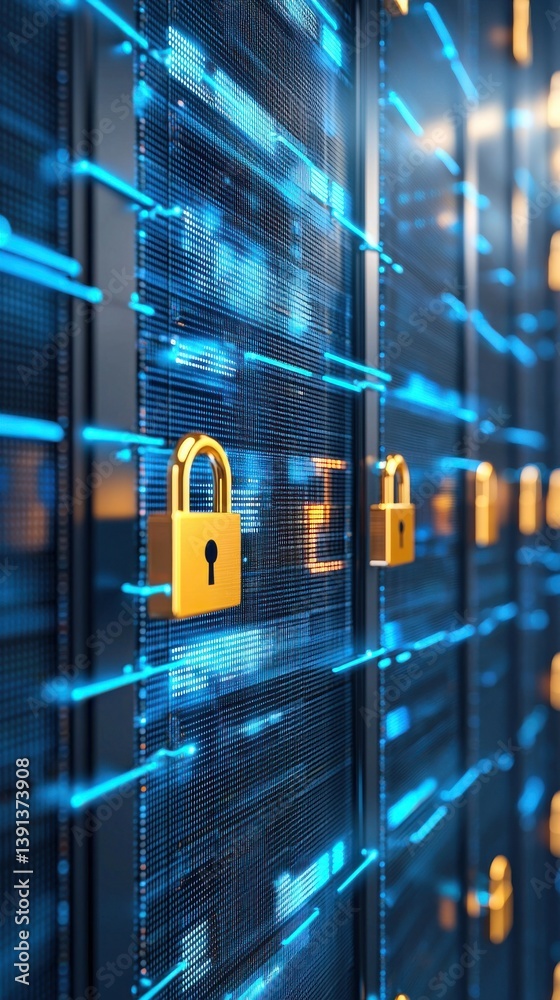 Poster secure data storage with digital locks and technology background