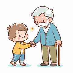 cartoon vector illustration of little boy helping grandpa