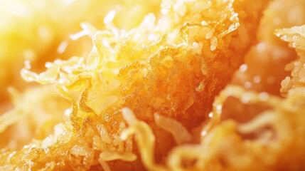 Crispy golden dessert close-up, kitchen setting, sunlit, food blog