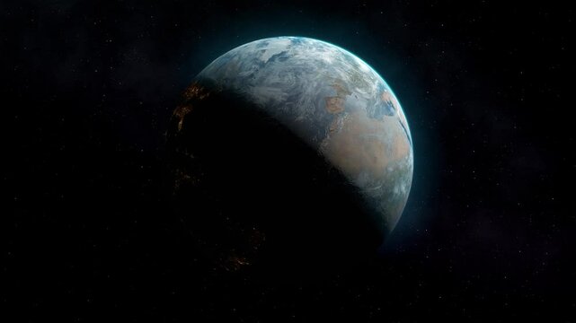 Planet Earth Realistic 3D Render Seamless Loop half illuminated night day from space rotating slowly 1 minute cycle 4K 60fps