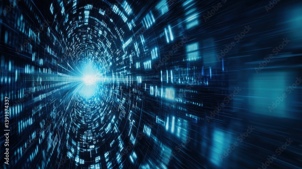 Poster abstract digital tunnel with light and data streams in motion