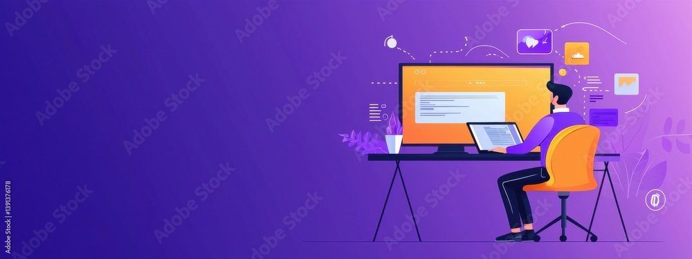 Poster man working on computer with colorful graphics in modern office