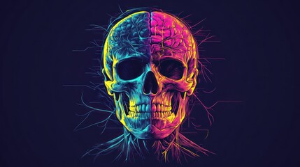 Colorful skull brain split, neural network background, art print