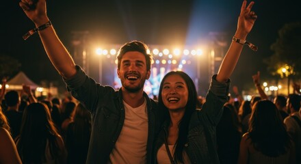 Obraz premium Happy crowd at a lively concert celebrating music together.