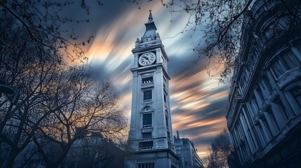 Tall clock tower at dramatic sunset, framed by bare trees and city buildings.