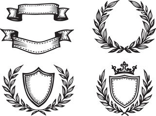 Obraz premium Heraldic Crest & Laurel Wreath SVG Bundle | Vintage Shield Emblems & Ribbon Banner Clipart | Vector Design for Logos, Certificates & Crafts