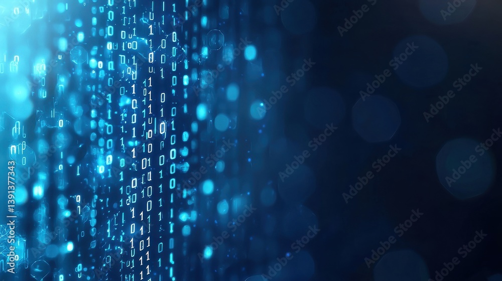 Poster glowing binary code matrix in deep blue background for digital art