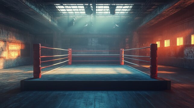 Empty boxing ring on a quiet gym floor, with minimal lighting creating shadows