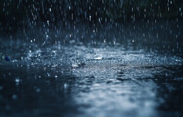 Rainstorm on the ground.  Close-up view of heavy rain falling and pooling on a dark surface.  Water droplets are visible