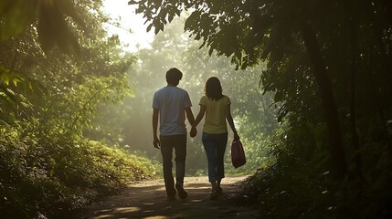 Fototapeta premium Couple enjoys a serene walk through a lush forest path during golden hour, basking in the warmth of nature and each other’s company