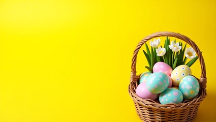 Top View Easter Celebration Flat Lay with Colorful Eggs in Bowl, Ceramic Bunnies, and Tulips on Pastel Beige Background – Spring Holiday Decoration Concept with Copy Space