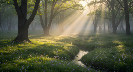 Fototapeta premium Misty Dawn: Serene Forest Landscape with Sunlit Stream