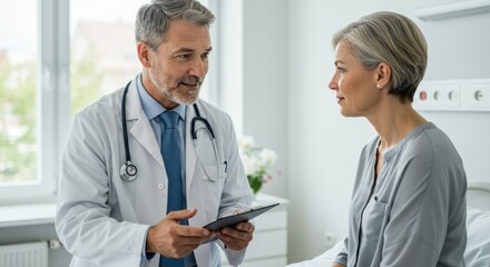 A doctor consults with a patient in a bright clinic.