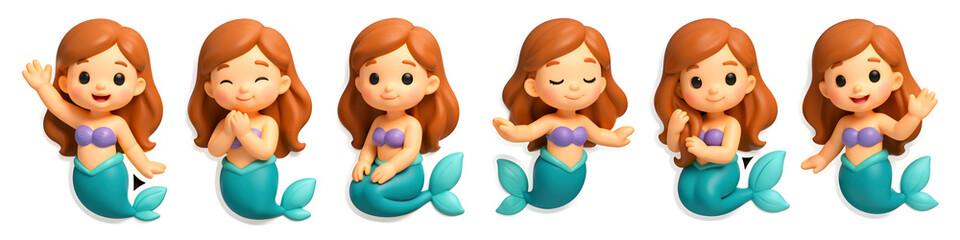 Mermaid's Expression Array: A collection of charming mermaid figures showcases diverse facial expressions, each one a tiny burst of personality. capturing the wonder of underwater world.