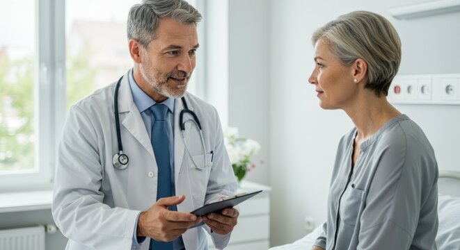 A doctor consults with a patient in a bright clinic.