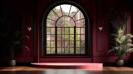 Pink podium in a dark red room with arched window.