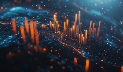 Abstract data visualization, showcasing complex information, with orange and blue particles