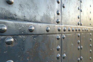 Metal plating with rivets.  Close-up view of aged, industrial-style panels, showing rivets and horizontal seams.  Durable, strong, and weathered appearance