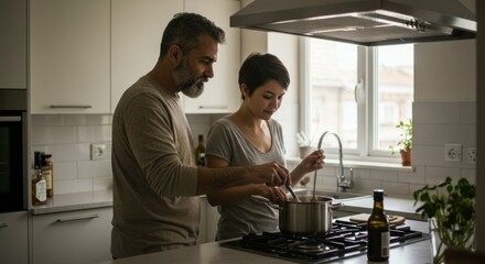 A couple enjoying cooking together in a modern kitchen.