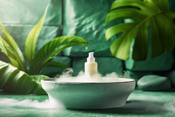 A bottle of skincare cream is placed in mist around it, with green plants. It feels clean, fresh, and good for healthy skin.