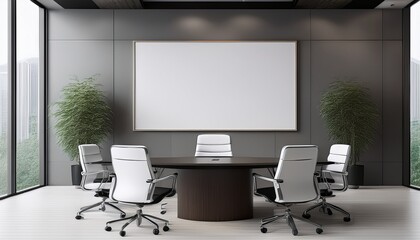 Modern conference room interior with empty white poster frame on wall above round desk and office chairs in clean corporate layout. 3D Rendering. Generated image