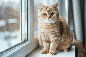 Close-up portrait of cute Scottish Fold cat sitting on windowsill near window, looking at camera, modern home interior, blurred background.
