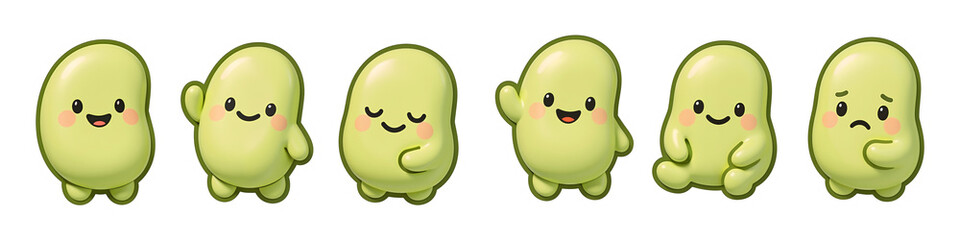 Smiling Beans: A charming illustration showcasing six adorable animated beans with expressive faces. A playful design radiates warmth. 