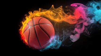 Fototapeta premium Dynamic Basketball Ball with Colorful Smoke Trails on a Dark Background