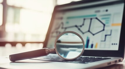 Analyzing business data insights using a magnifying glass on a laptop office environment digital content