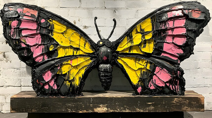 A large painted butterfly sculpture rests upon a rustic wooden block