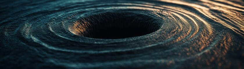 A dark textured hole with swirling circular patterns and light