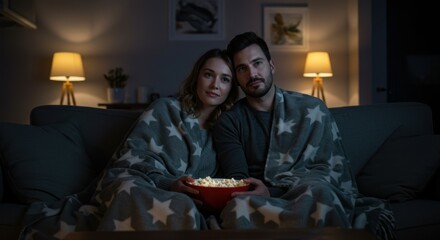A cozy couple sharing popcorn while watching a movie.