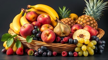 Vibrant fruit basket showcasing ripe bananas, peaches, apples, pineapple, raspberries, and grapes on a dark background. Ideal for vegan and vegetarian themes, social media, cards, and banners.