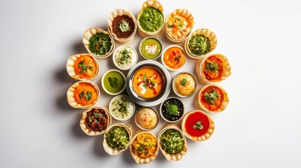 Flavorful Kaleidoscope: A top-down composition showcasing a vibrant assortment of dips and sauces artfully arranged. The visual feast highlights the diverse culinary options.