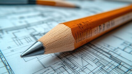 Architectural blueprint with drafting pencil illustrating design process focus