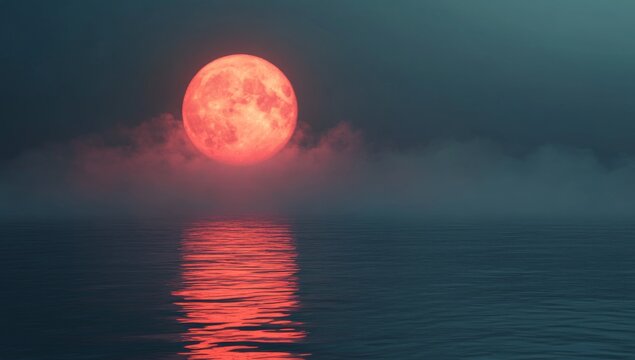 Blood moon over a misty sea. A large, vibrant blood-red moon hangs over a tranquil body of water, reflecting the crimson light on the surface.  The sky is a dark, moody gray, punctuated by hazy clouds
