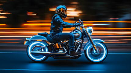 A Person Riding a Motorcycle Through a Cityscape at Night