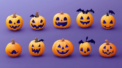 Halloween Jack-o'-lanterns collection, purple background, digital art, party decoration