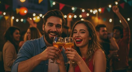 Joyful friends toasting drinks at a vibrant party.