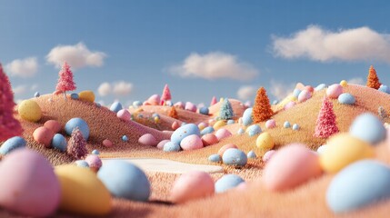 illustration of Summer fields landscape with a dawn,Rainbow, green grass hills, bright color blue sky, country background,banner resting vacation.