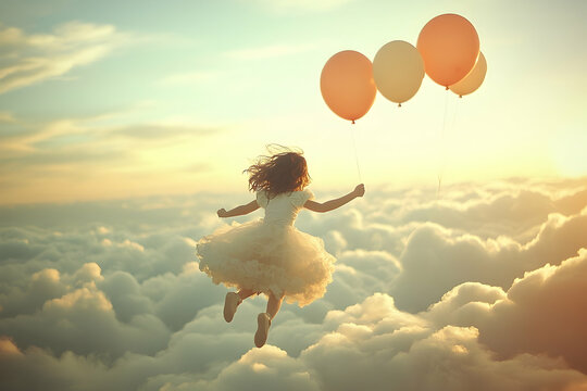 A young girl floating in the sky with orange balloons
