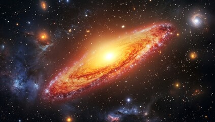 Fototapeta premium A breathtaking spiral galaxy ablaze with vibrant colors against a backdrop of countless stars. Vast nebulae dance across the cosmic canvas