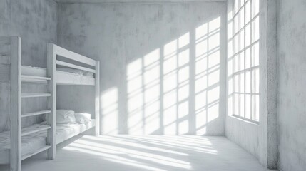 Obraz premium An all-white room with matching bunk beds and gentle shadows from a large window