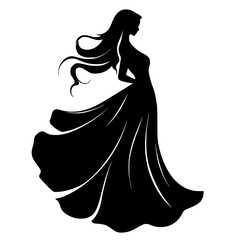 Elegant woman silhouette in flowing dress, Stylized silhouette of a graceful woman with long hair and flowing dress, perfect for fashion, beauty, or feminine themes.

