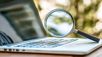 Exploring technology insights with a magnifying glass on a laptop outdoor setting digital focused environment
